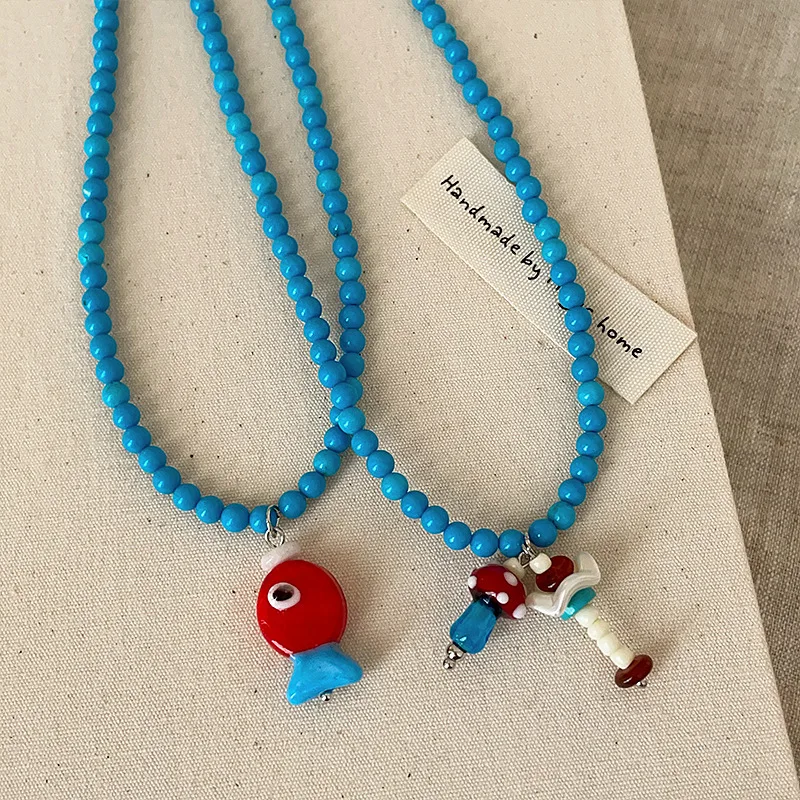 Cute Blue Ceramic Fish Necklace for Women Girls Romantic Colorful Fish Starfish Necklace Aesthetic Summer Beach Jewelry for Gift