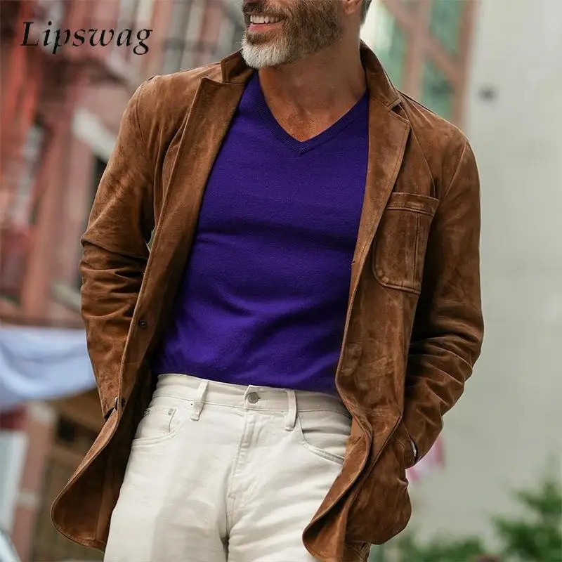 

Vintage Turn-down Collar Solid Color Men Jacket 2026 Spring Long Sleeve New Casual Outerwear Mens Stylish Slim Fit Cardigan Tops