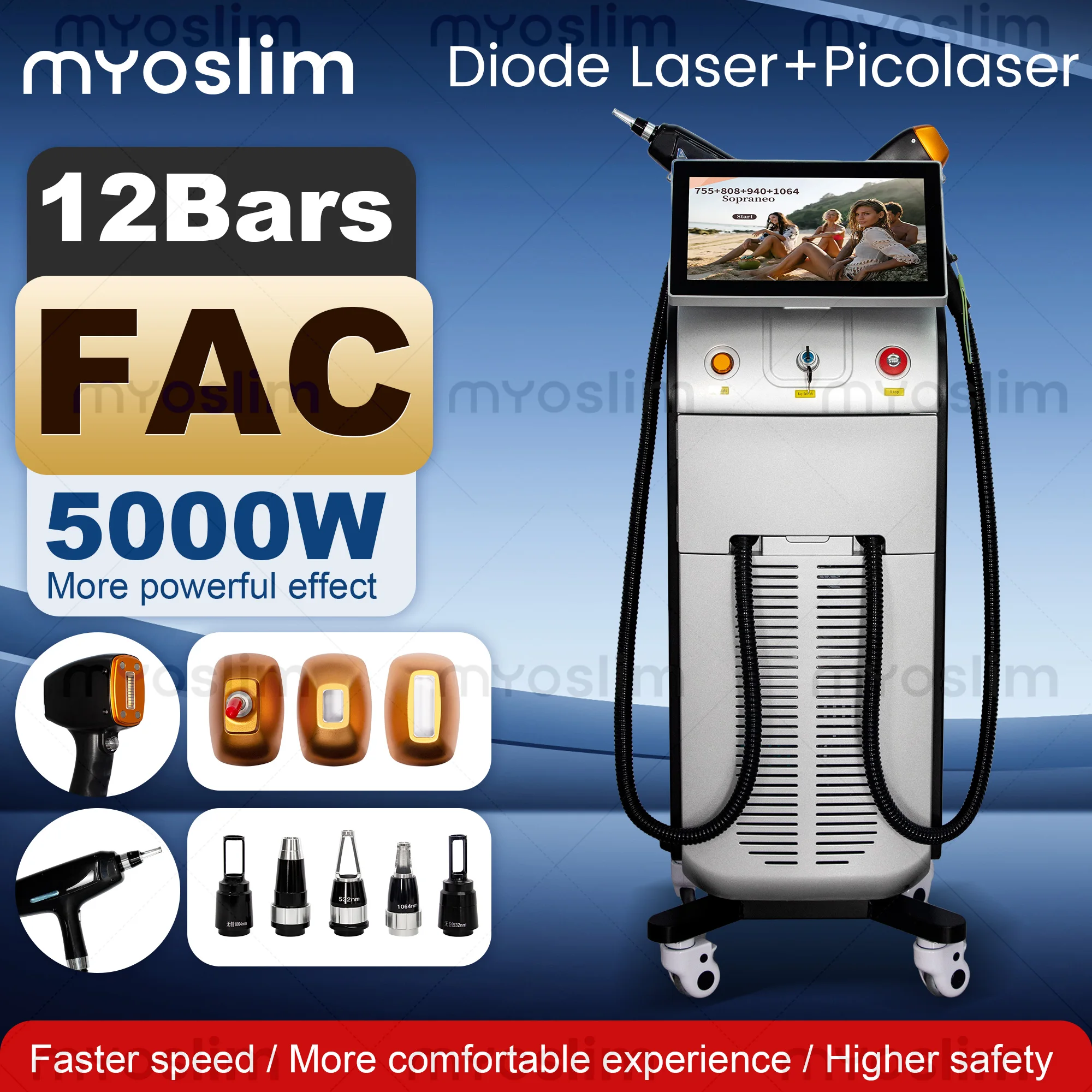 12 Bars FAC 5000W 4 Wavelength Diode hair removal machine CE Certified Hair Removal 755 808 940