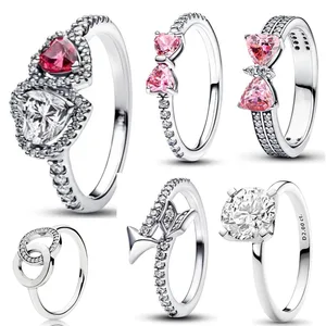 Hari Valentine Hadiah Merah Putih Hati Batu 925 Sterling Silver Busur Elegan Cincin untuk Wanita Perhiasan Cincin untuk Pesta Pernikahan 8 permata merah penjualan terbaik - №