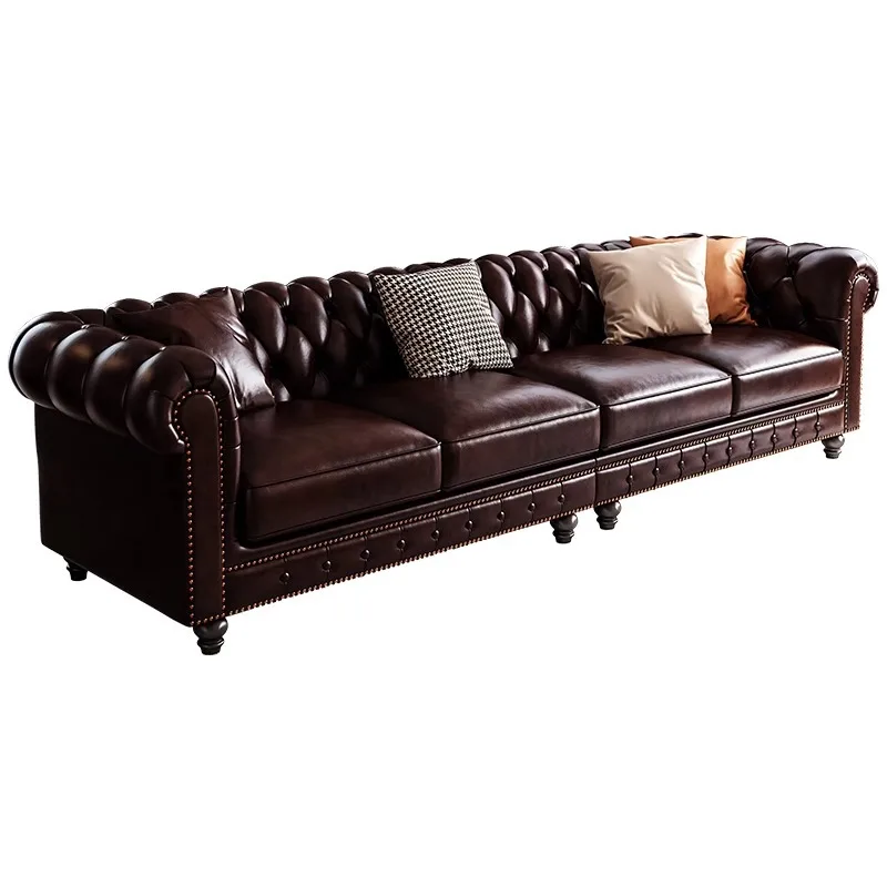 American country retro rivet button oil wax full-grain leather sofa European three-person corner set crack finish