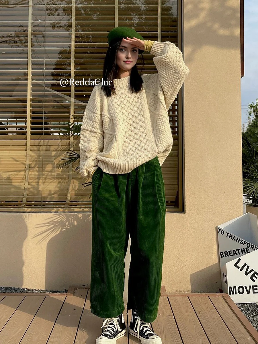 REDDACHiC 90s Retro Green Women Corduroy Pants Loose Casual High Rise Striped Wide Leg Trousers Going Out Fall Winter Streetwear