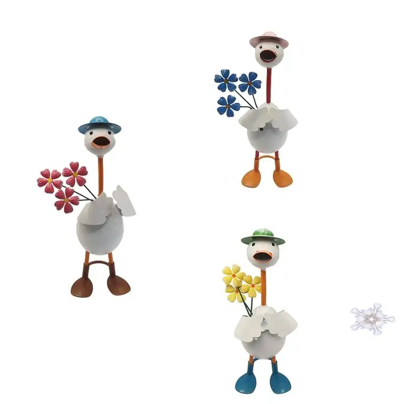 Garden Duck Statue,Iron Craft Figurines, Standing Art Decor With Plantable Flower Vase, Weatherproof For Outdoor Villa