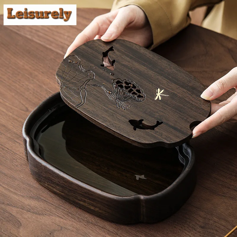 Fish Play Lotus Pond Tea Tray Walnut Wood Water Storage Drainage Dry Soaking Platform Solid Wood Pot Bearing Holder Tea Table - Image 5