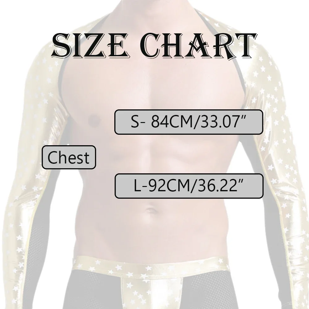 Man Shoulder Tops Shawl Sexy Long Sleeve PU Leather Stars Printed Cropped Tops Men Patchwork Harness Bodybuilding Stage Costumes