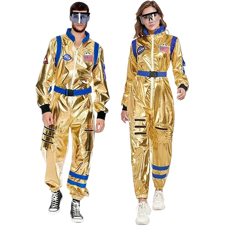 

Unisex Gold Astronaut Jumpsuit Cosplay Costume Couple Shiny Metallic Space Suit Halloween Carnival Cosplay Costume for Men Women