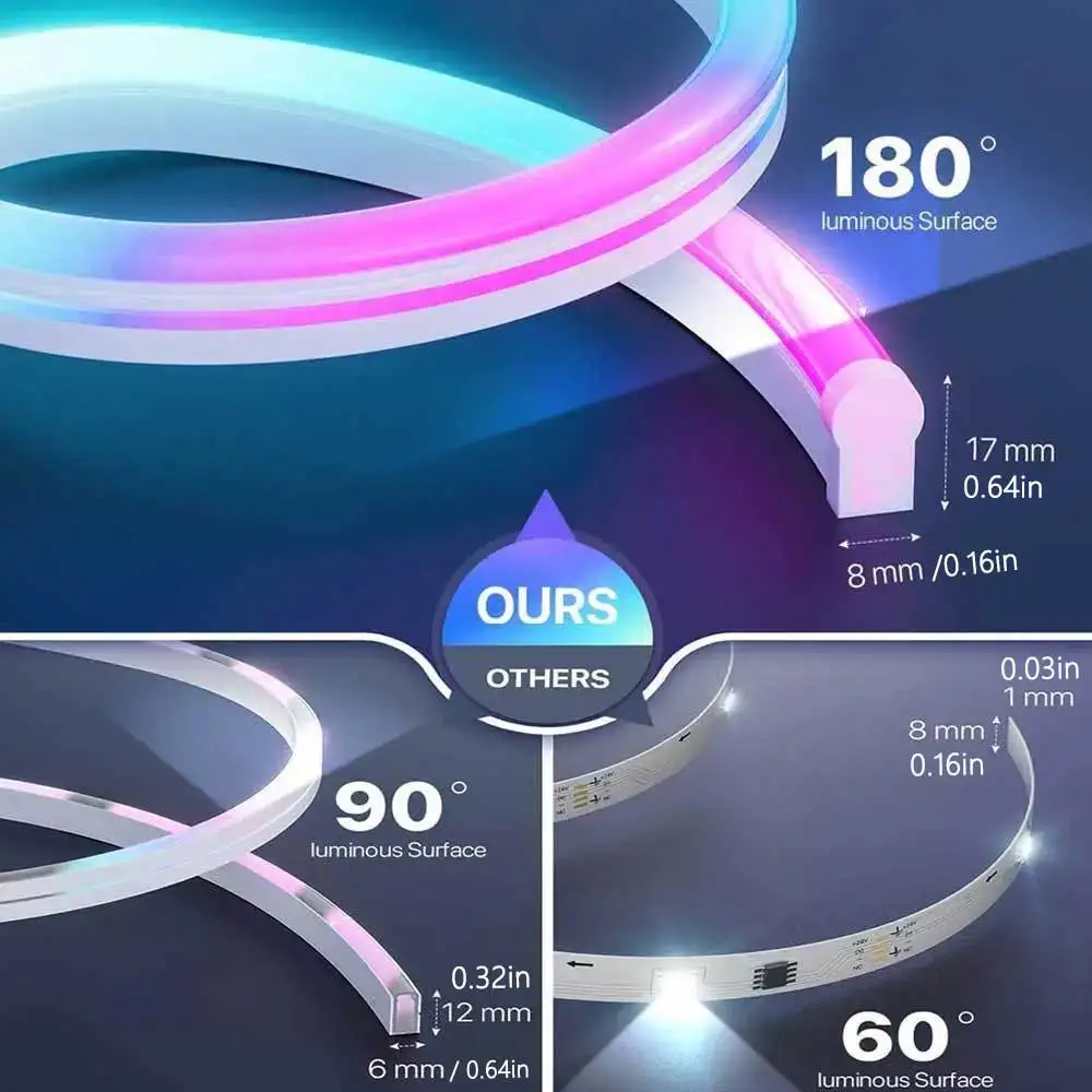 TUYA Neon LED Strip Lights 5V Neon Rope Light 72LEDs/M Silicone with Music Sync RGBIC Dreamcolor Chasing Strip Tape for Room