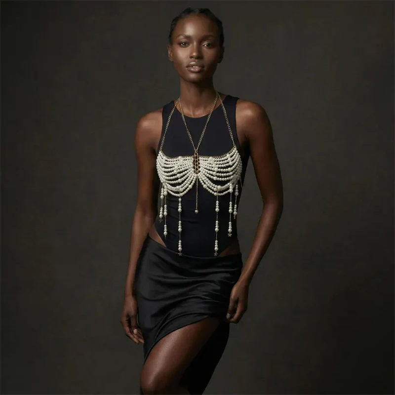 Mehrlagige Perlen-Quasten-Körperkette für Damen, Vintage Goldkette, Bustier-Halskette für Party, Hochzeit, Nachtclub, Camisole, Crop-Tops – Detail 2