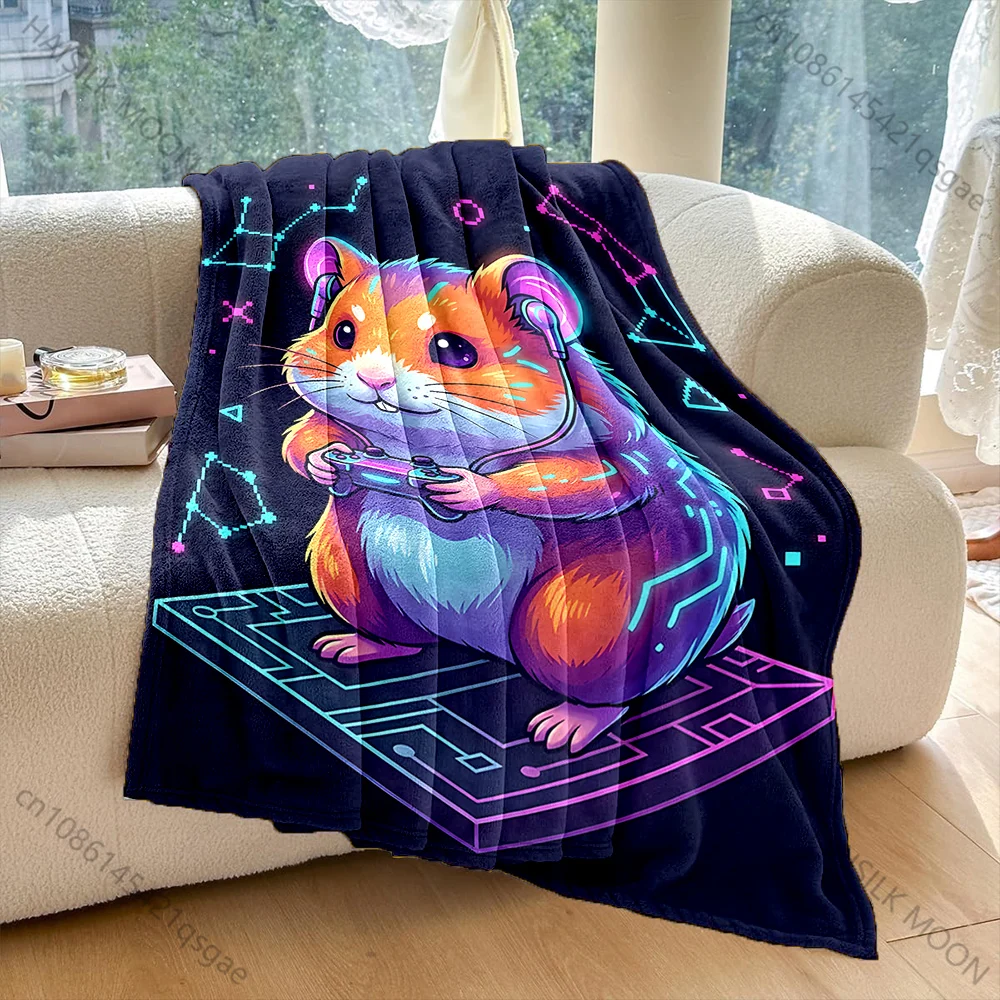 1PC Hamster gaming with headphones  Print Adult Children Warm Blankets Home Travel Car Soft Comfortable Suitable for all seasons