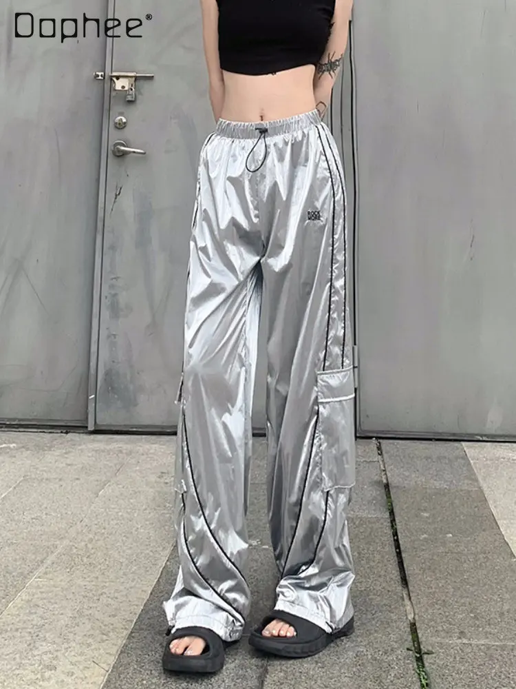 

Hip Hop Streetwear Women's Silver Glossy Pocket Trousers Overalls European and American Leisure Dancing Sports Pants Female 2023