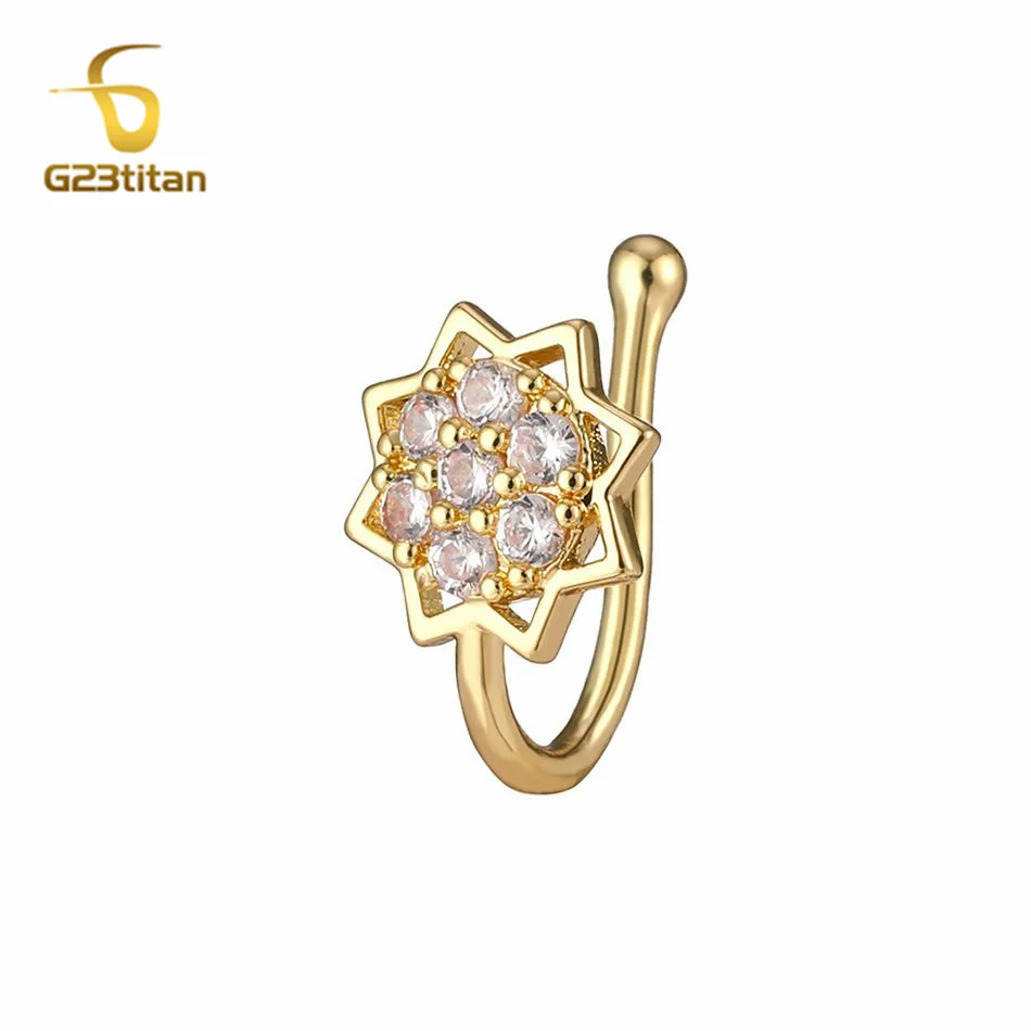 خاتم أنف زركون هندي للنساء ، ثقب مزيف ، كفة جناح الأنف ، قرط مشبك حلزوني للأذن ، نمط هندسي ، مجوهرات جسم مزيفة