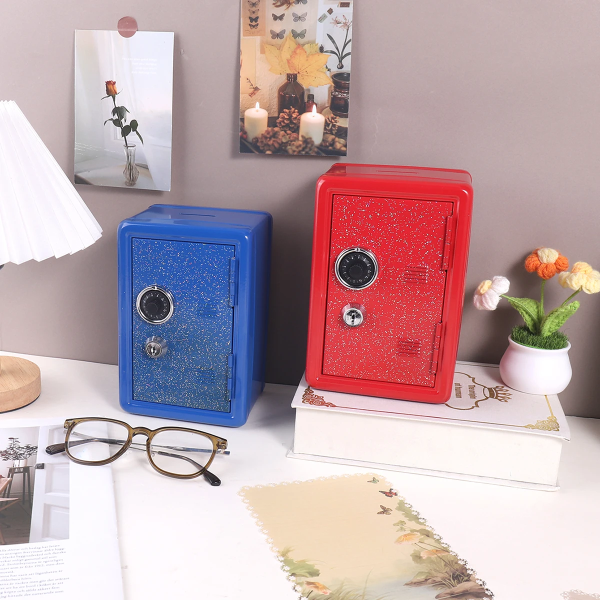 1 صندوق أمان لامع، مفتاح وقفل مجمع، صندوق أموال معدني مخصص، للهدايا للأصدقاء والمنزل والمكتب