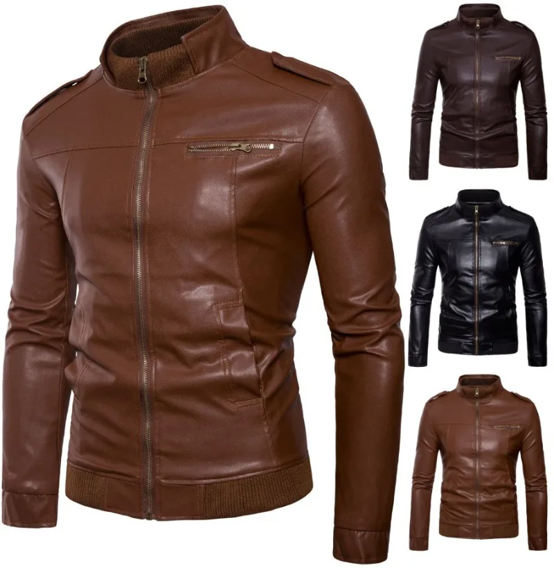 Horizontal Zipper Short Slim Fit Leather Jacket, Men's Standing Collar Casual Jacket, Motorcycle Leather Jacket, Men's