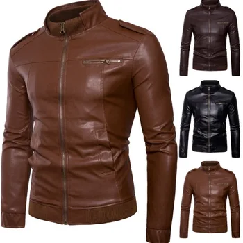 Horizontal zipper short Slim Fit leather jacket, men's standing collar casual jacket, motorcycle leather jacket, men