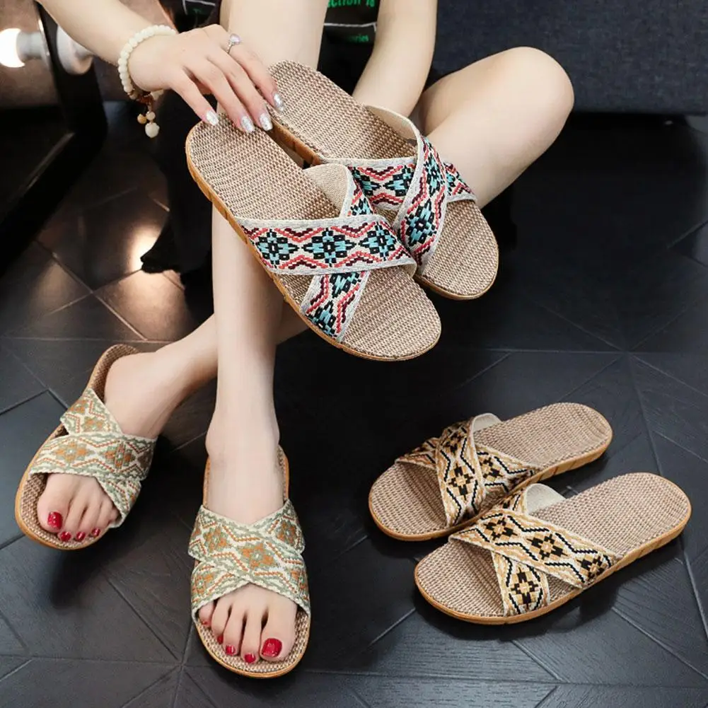 Linen Indoor Slippers Women Home Shoes Boho Geometric Cross Strap Linen Slippers Breathable Anti-Slip Slippers For Bedroom