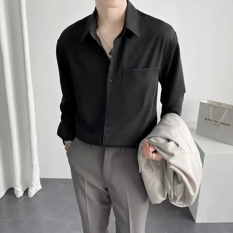 

Мужская повседневная свободная рубашка с длинным рукавом, весна-лето, тонкая, немнущаяся, не требующая глажки, молодежная, модная, однотонная, с пуговицами