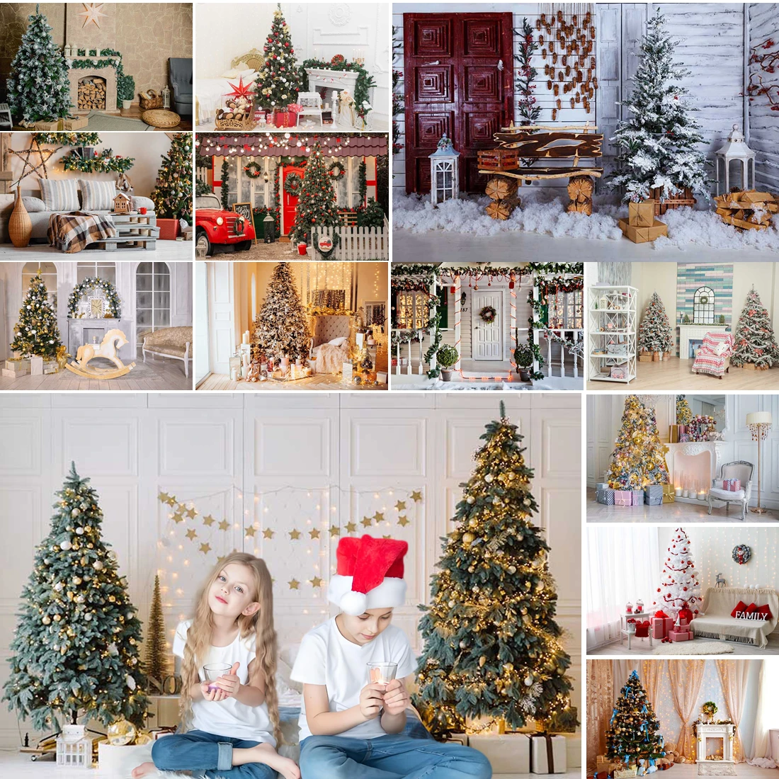 

MOON.QG Christmas Photography Background Living Room Fireplace Xmas Trees Backdrop Shooting Props Child Accessories Studio Photo