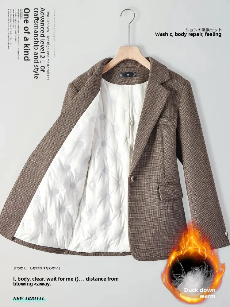 Women's Thickened Winter Coat Casual Woolen Suit Jacket Inner down Filling Stylish Commute Wind Resistant Long Sleeve Pure Color