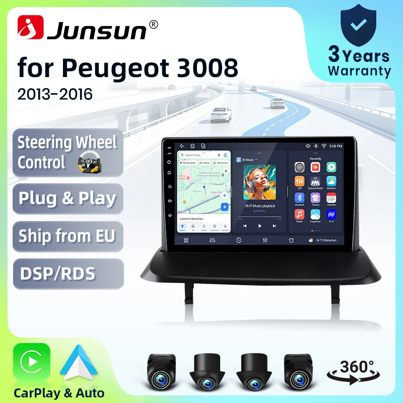 Autoradio Junsun sans fil CarPlay Android Auto pour Peugeot 3008 Mk1 (T8 Facelift) 2013-2016 avec ventilateur de refroidissement intégré, navigation GPS Android, lecteur multimédia, WiFi, DSP, RDS, BT, SWC, écran tactile IPS, autoradio, lecteur vidéo, unité principale, stéréo
