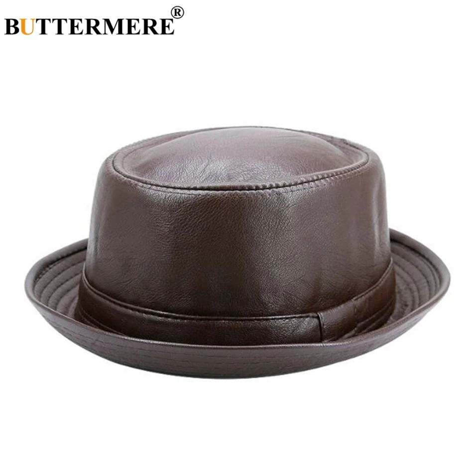 BUTTERMERE Men Black Leather Trilby Hat Male Fedora Cap Retro Women Autumn Brand Porkpie Hat Men\'s Vintage Jazz Hats