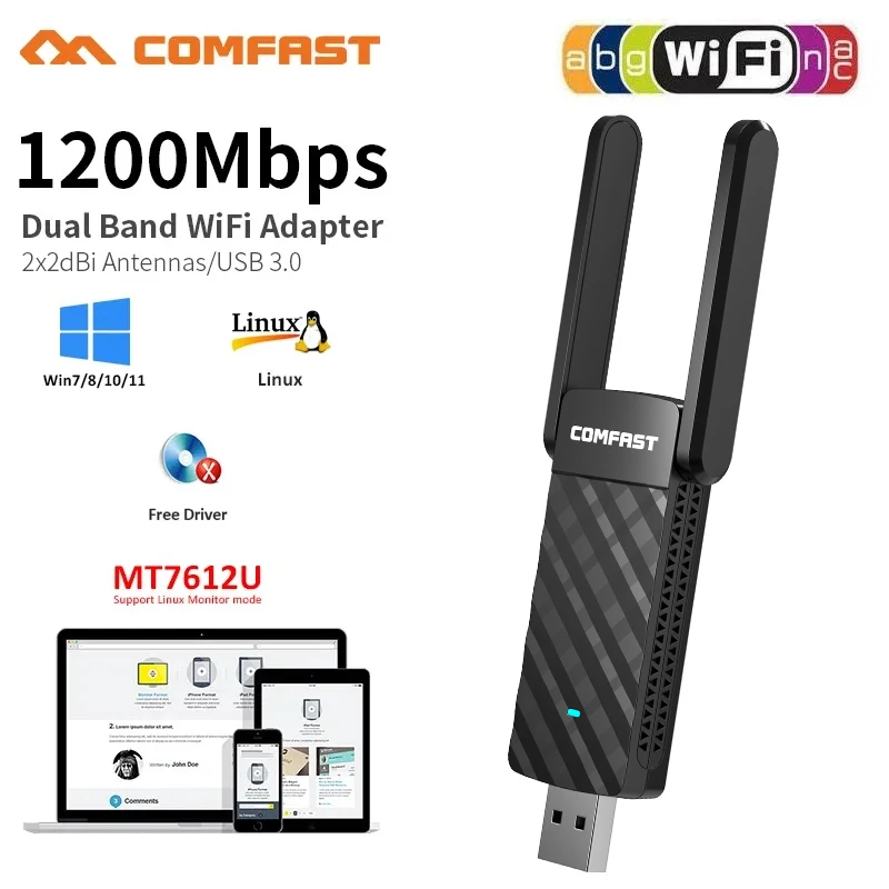 Adaptateur Wifi USB 1200, 2.4 Mbps, 5 mesurz, 3.0 mesurz, pour touristes, bande MT7612U, antenne, dongle LAN, Windows /Linux, ordinateur de bureau/ordinateur portable/PC