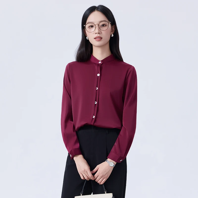 

Women's Elegant Stand Collar Long Sleeve Blouse 2025 Early Autumn New Satin Shirt Office Lady Chic Tops
