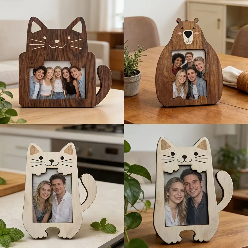 Cute Animal Shaped Wooden Photo Frame Cat Bear Design Desktop Picture Frame Home Photo Display Ornament Housewarming Birthday