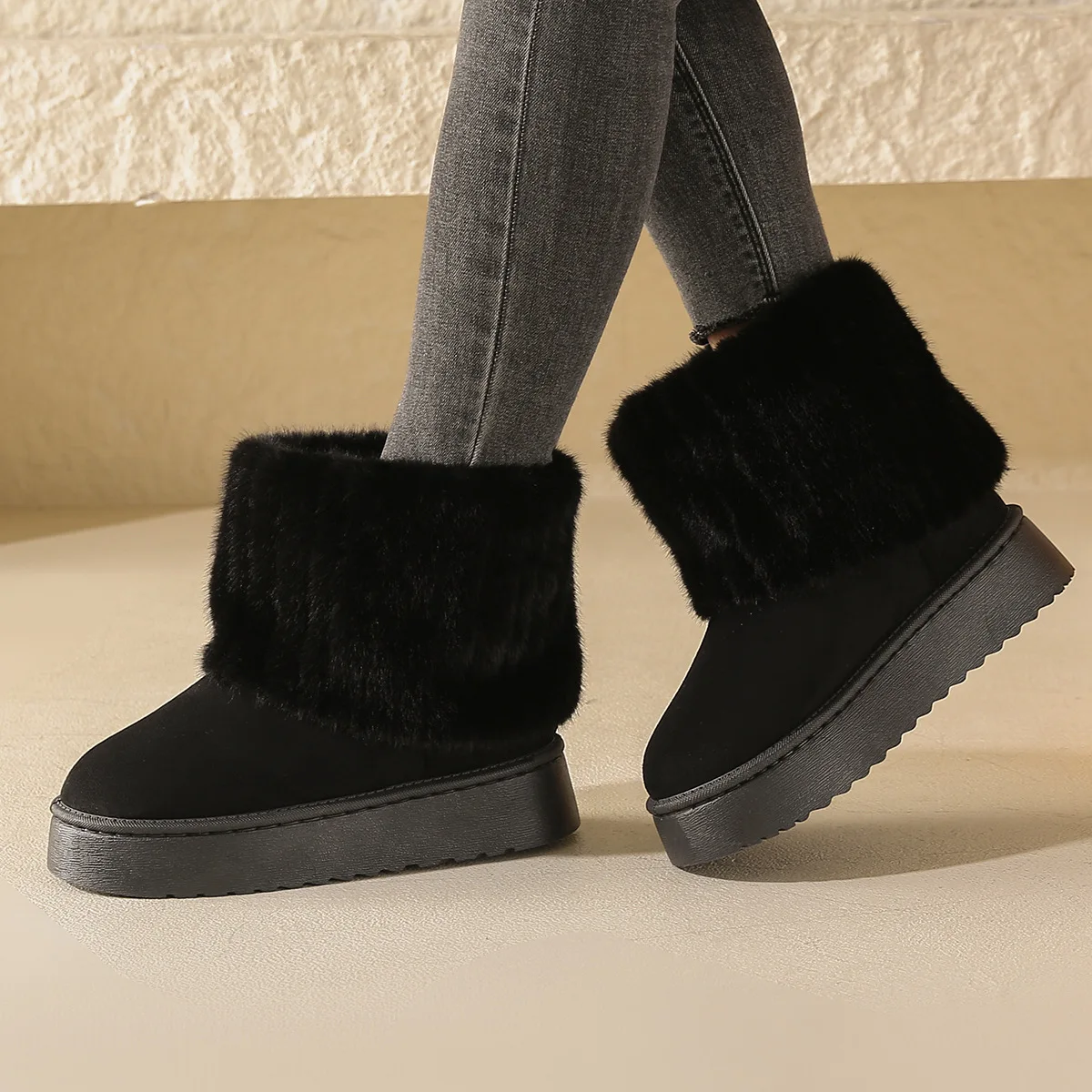 Furry Cotton Botas De Nieve Thick-Sole Snow Boots Plus Velvet Warm Botines De Invierno Para Mujer Short-Tube Turn-Up Lady Korean