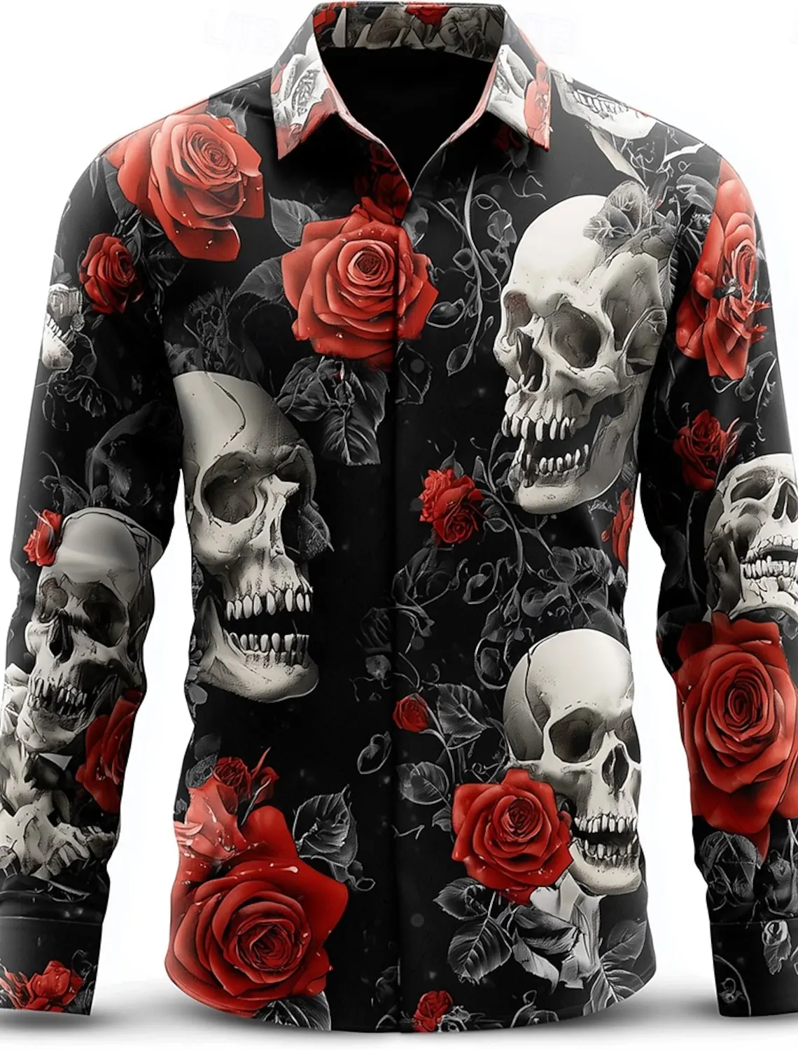 3D Print Skull Rose Graphic Men's Shirts Gothic Style Long Sleeve Lapel Button Tops Halloween Theme Party Custom Clothes For Men