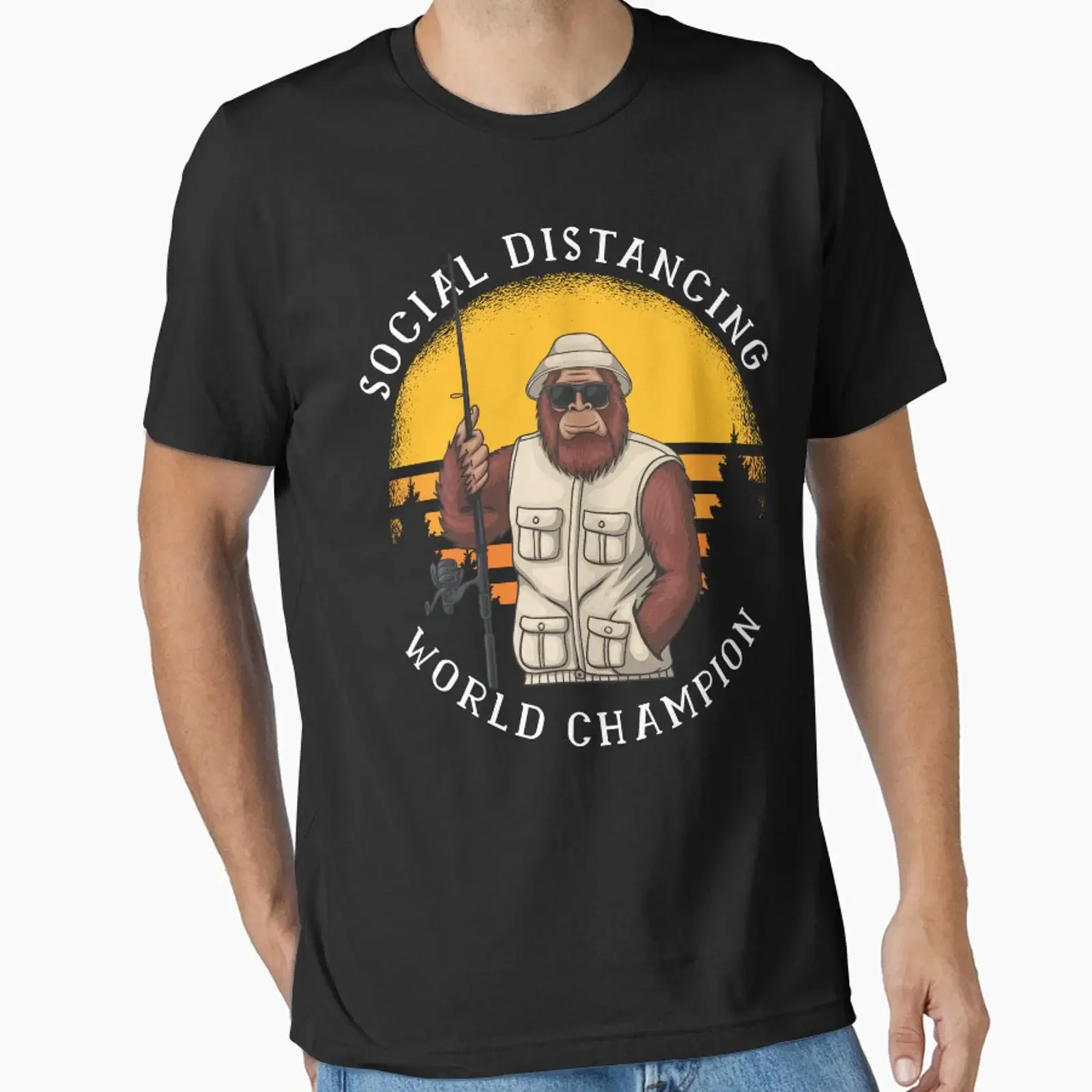 Funny Fly Fishing Bigfoot Social Distancing Essential T Shirt vintage Washed Stretched homme streetwear graphic Soft Breathable