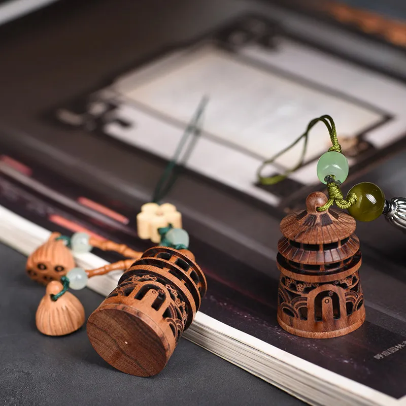 Hollow Carved Pagoda Shape Wooden Sachet Pendant Storage Box Keychain Woven Bag Hanging for Men and Women Gifts