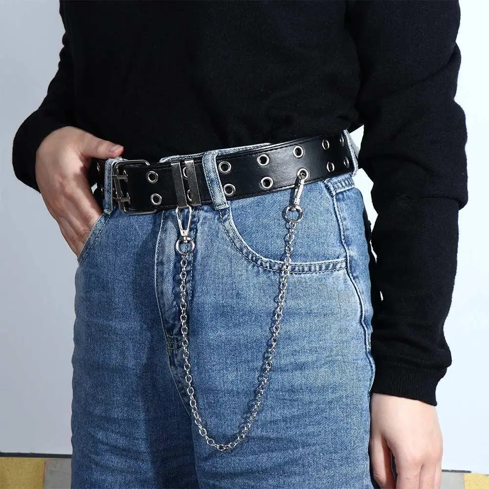 Luxe persoonlijkheid legering lange pin gesp vrouwen dubbele rij lederen riem riem ketting jeans decoratieve taille riem