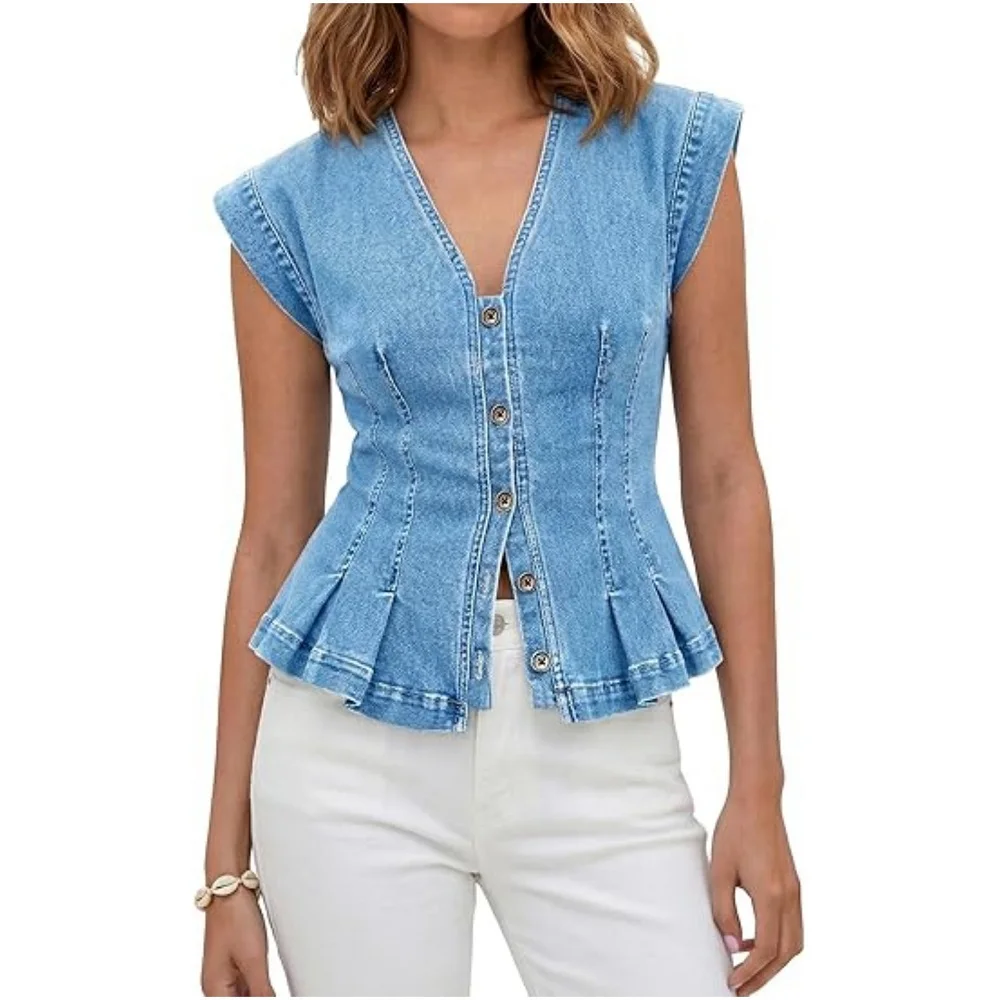 Women V-neck Slim Sleeveless Denim Tank Tops Single Breasted Pleated Jean Vest Top