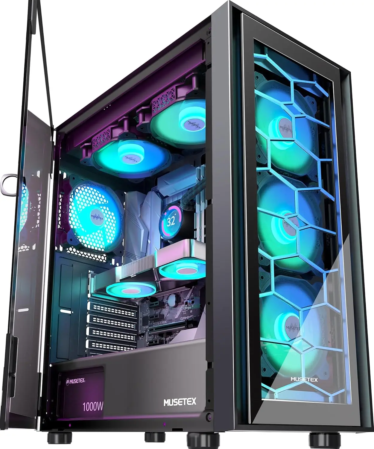 Caja de PC para juegos ATX Mid Tower con 6 ventiladores PWM ARGB, puerta de vidrio templado, USB 3.0 x2, negra