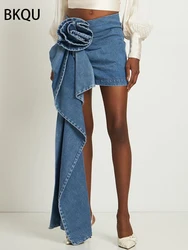 BKQU 2024 Summer Denim Mini Skirts Y2K Aesthetic 3D Flowers Design High Waist Micro Skirts Skinny Wrap Jeans Penceil Skirt Women