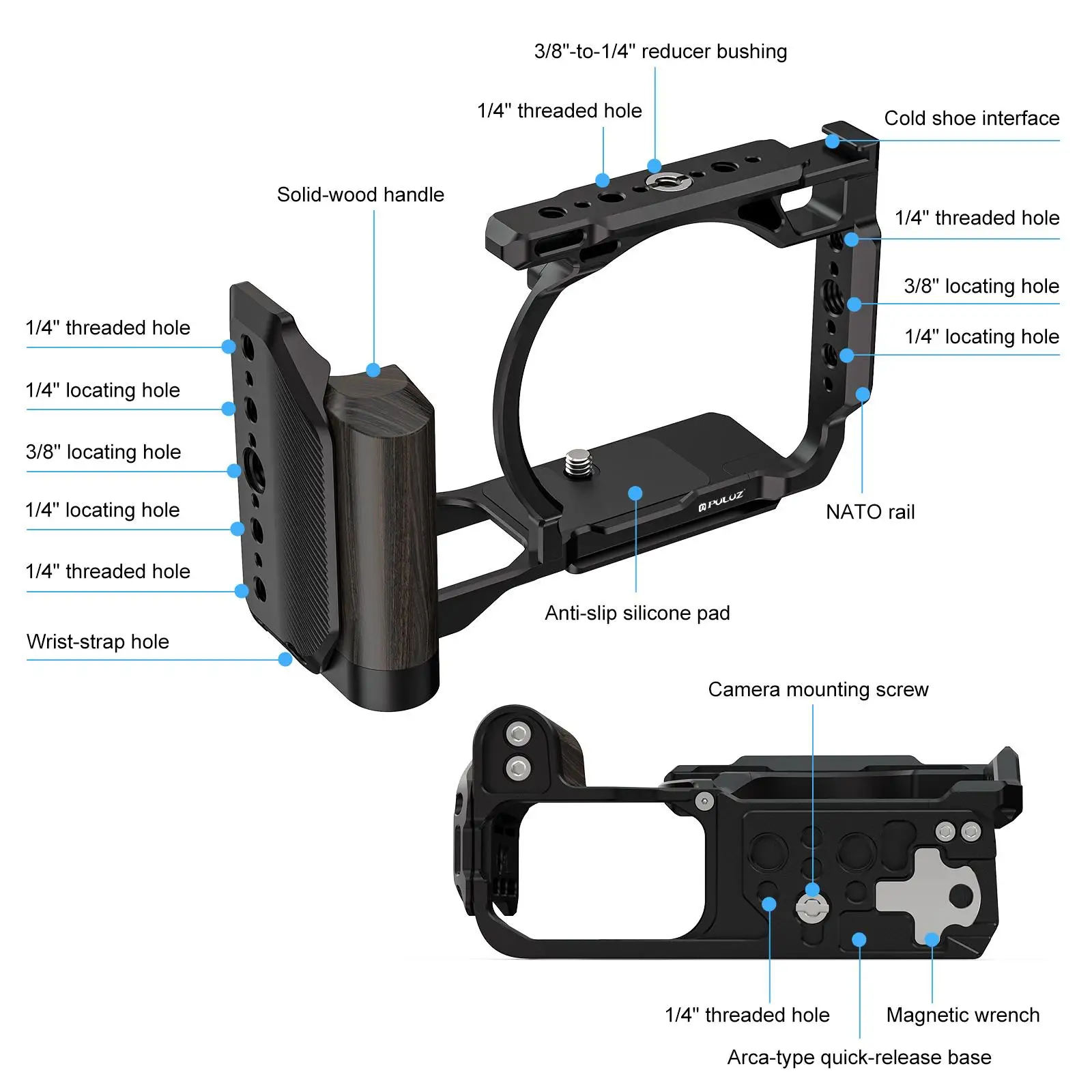 Für Nikon ZR PULUZ Holzgriff Metall Kamerakäfig Erweiterungsrahmen – Detail 3