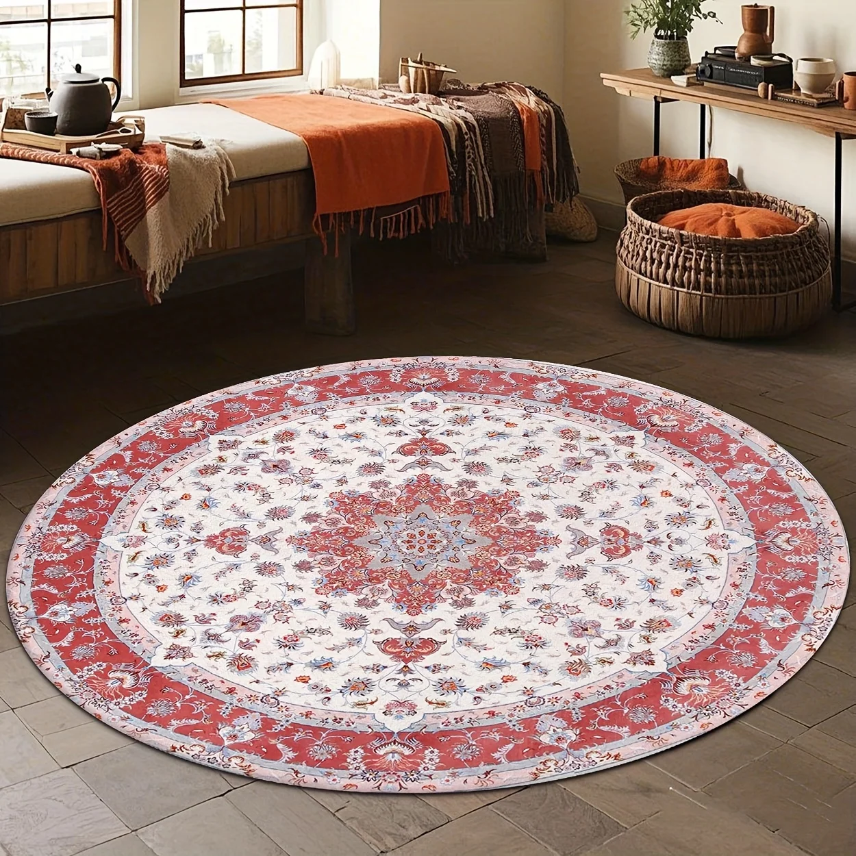 

Crystal velvet carpetLuxury Circular Area Mat - Red & White Floral Symmetrical Pattern, Soft Non-Shedding 100% Polyester, Machin
