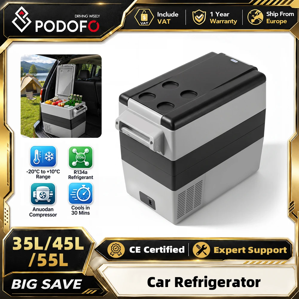 Podofo 35L/45L/55L Auto-Kühlschrank 12/24V DC 110-240V Kühlbox Mini-Autokühlschrank Gefrierschrank Tragbarer Kompressorkühler für Fahrzeuge, Reisen, Outdoor, Zuhause, Camping