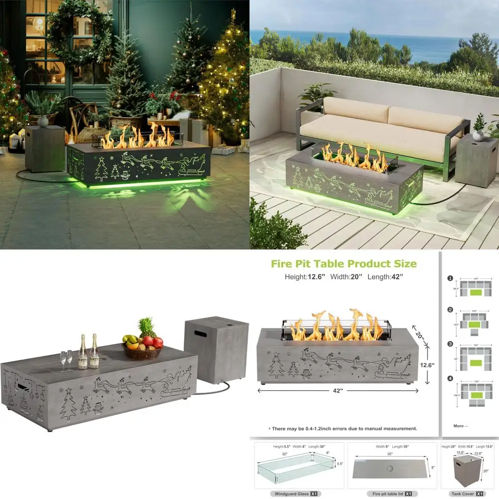 

Стол для костра на пропане с вырезом на рождественскую тематику, RGB-подсветкой, 50 000 БТЕ, ветрозащитное стекло, крышкой, камнями и крышкой