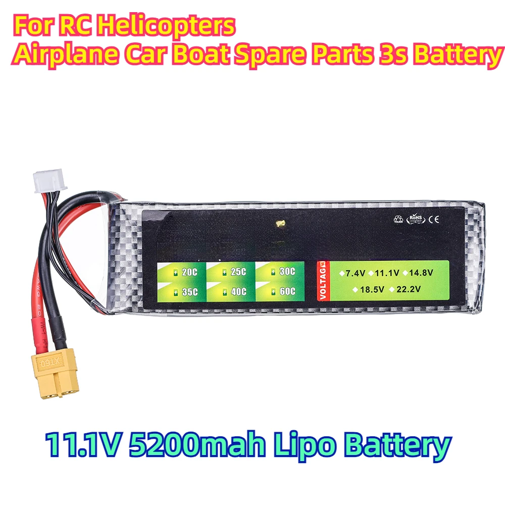 For RC Helicopters Airplane Car Boat Spare Parts 3s Battery 11.1V 5200mah Lipo Battery