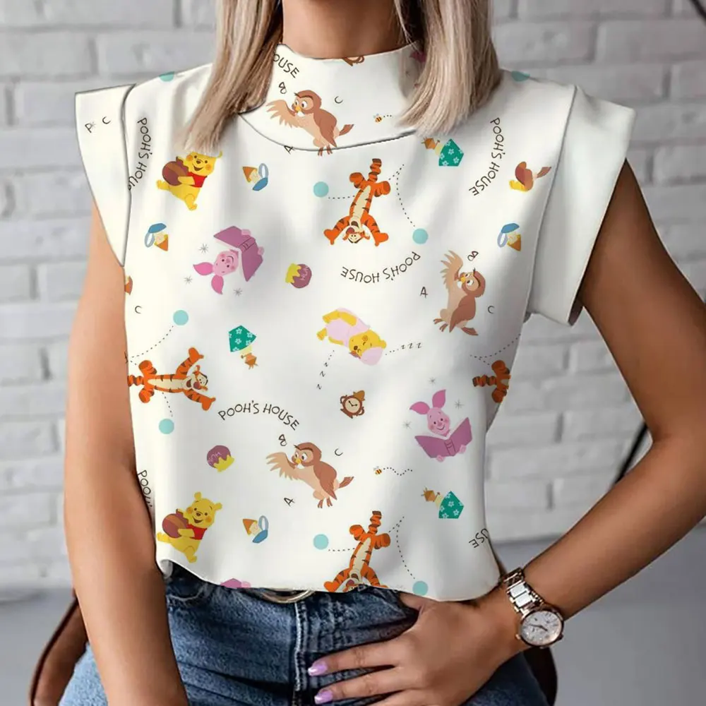 Camiseta de manga corta con cuello alto para mujer, camiseta de dibujos animados de Winnie the Pooh, informal, cómoda y a la moda, novedad