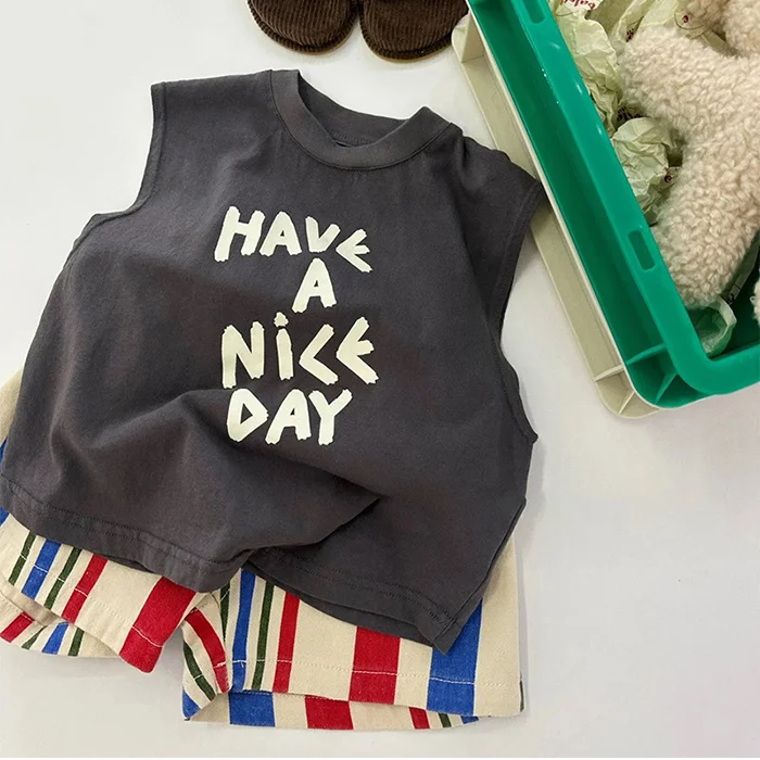 2025 Summer New Cotton Elegance Letter Printed Sleeveless Boys and Girls' Loose T-shirt Korean Baby Trendy Top Thin