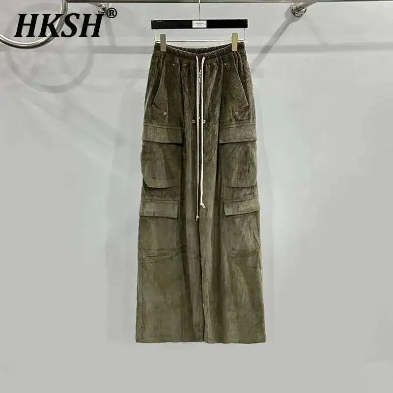 

HKSH Men's Tide Spring Summer New RO Style High Street New Corduroy Safari Style Cargo Pants Large Pocket Casual Wide Leg HK4215