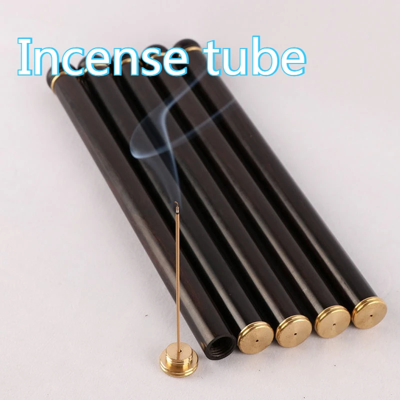 Ebony Wood Incense Stick Tube Screw Thread Inlaid Brass Storage Capacity 8 Grams Wooden Brass Chinese Style Incense Storage Box