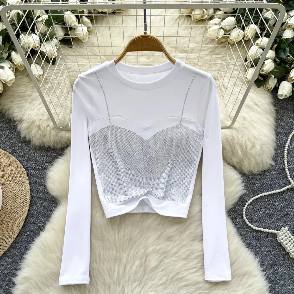 TWOTWINSTYLE New Solid High Street T Shirts For Women O Neck Long Sleeve Patchwork Diamonds T Shirts Female Fashion KTS523830