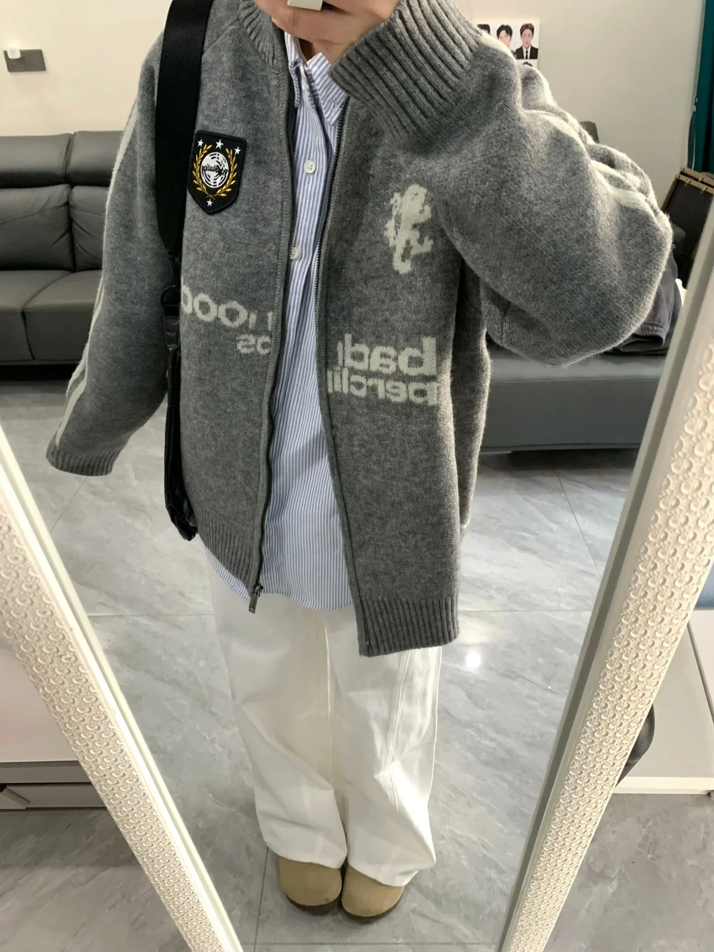 

Korean College Sle Heavyweight Letter Embroidery School Bae Double Zipper Knitted Open Cardigan Autumn Winter New Versati...