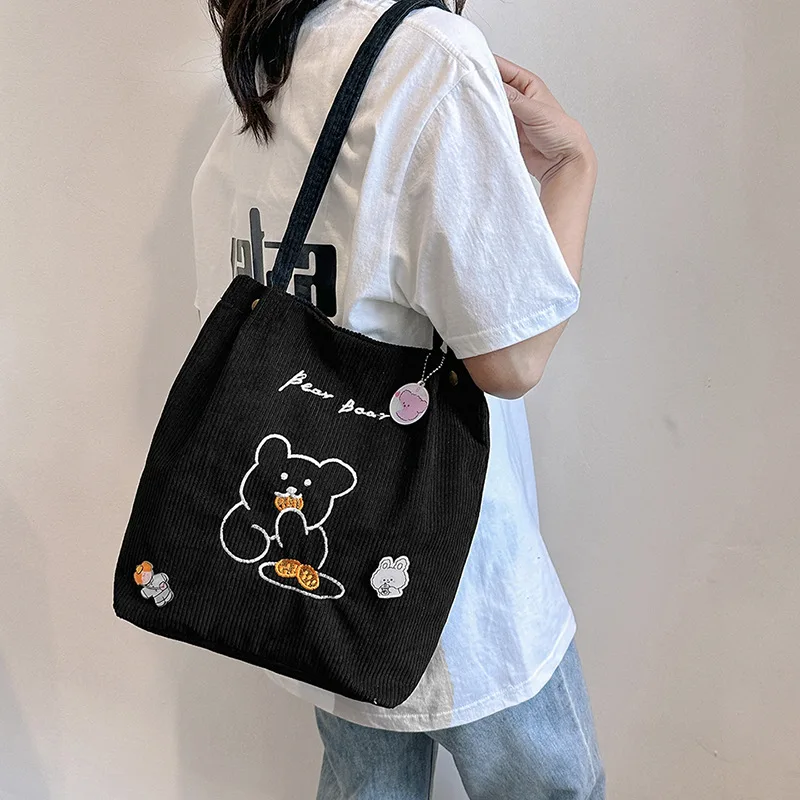 Women Corduroy Shoulder Bag High-capacity Bear Ladies Casual Handbag Tote Bag Reusable Large Capacity Cotton Shopping Beach Bags