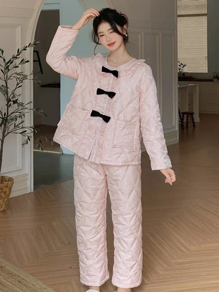 French Thickened Three-Layer Stitched Pajamas Women's Satin Jacquard Long-Sleeved Cardigan Two-Piece Elegant Warm Home Clothes