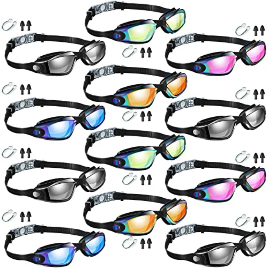 

12 Pack Swim Goggles for Adult Anti Fog Swimming Glasses with 12 Ear Plugs Nose Clip No Leaking Full Protection