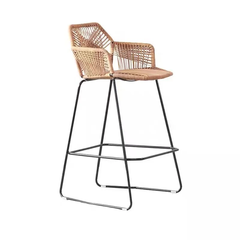 Counter Height Nordic Rattan Wicker Bar Stools With Iron Legs Restaurant Cafe High Back Chair Indoor-Outdoor Dining Chairs